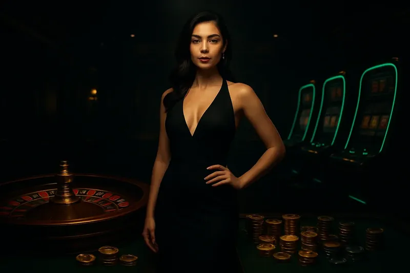 Confident woman in evening dress near roulette and slot machines with neon green and gold accents in a luxury Bangladeshi casino